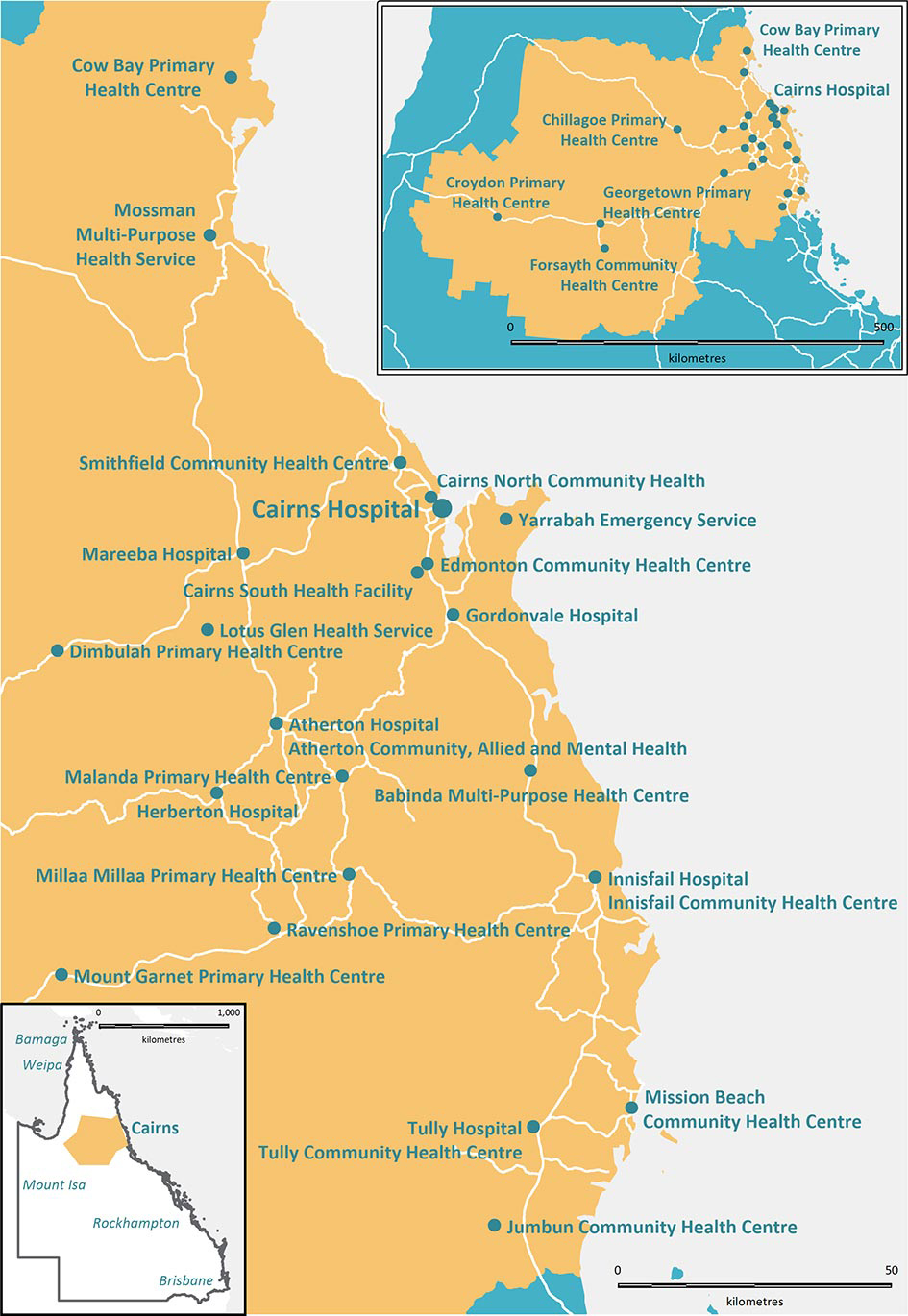 Map showing the borders and health facilities of the Cairns and Hinterland Hospital and Health Service.